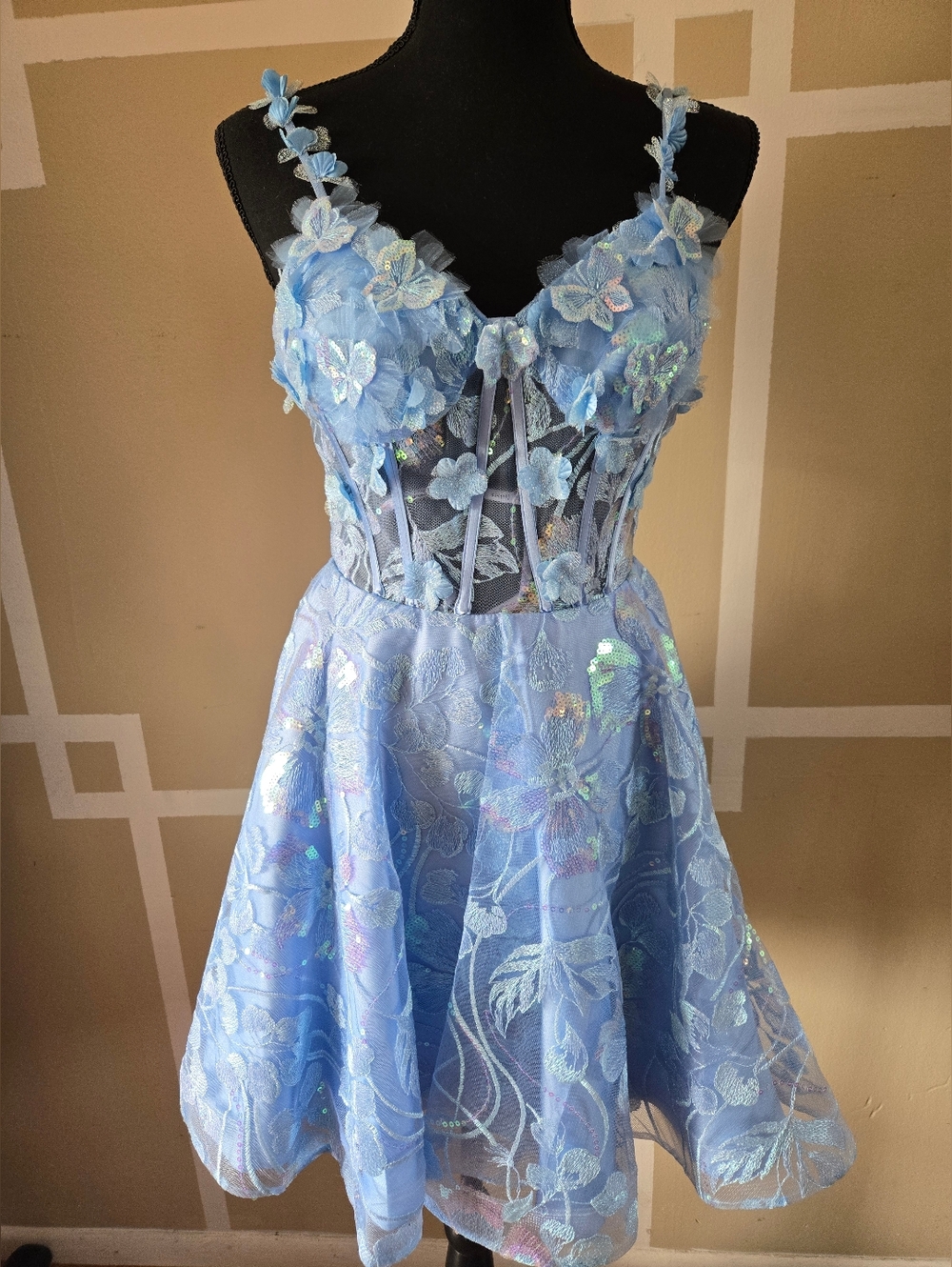 Juliet Blue Butterfly Iridescent Accent Short Sleeveless Prom Party Dress